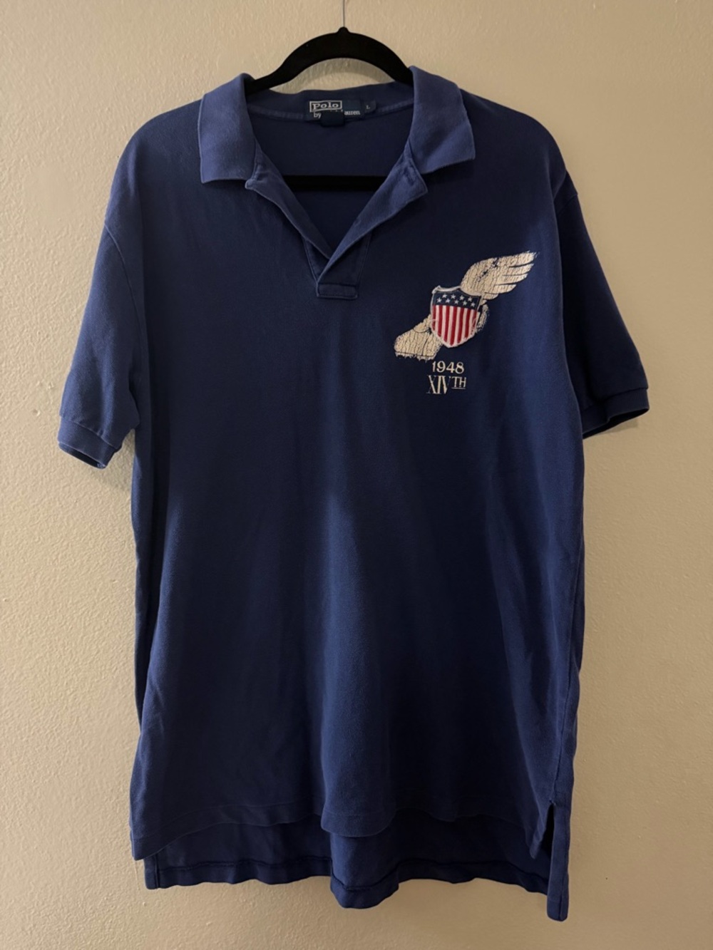 Vintage Polo Ralph Lauren 1948 XIVth Winged Shield Patch Polo Shirt Navy Large